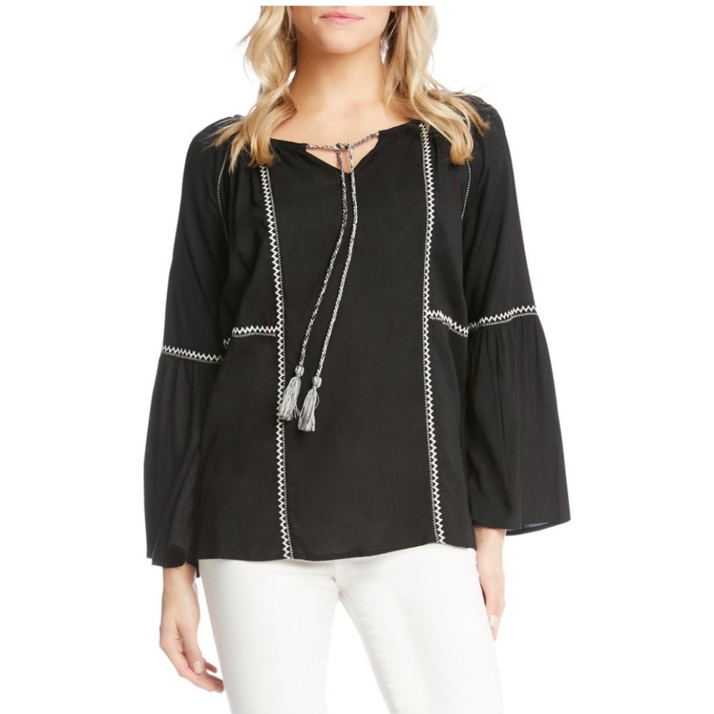 NWT Black Karen Kane Blouse with White Embroidered Zig-Zag and Tassel Si…